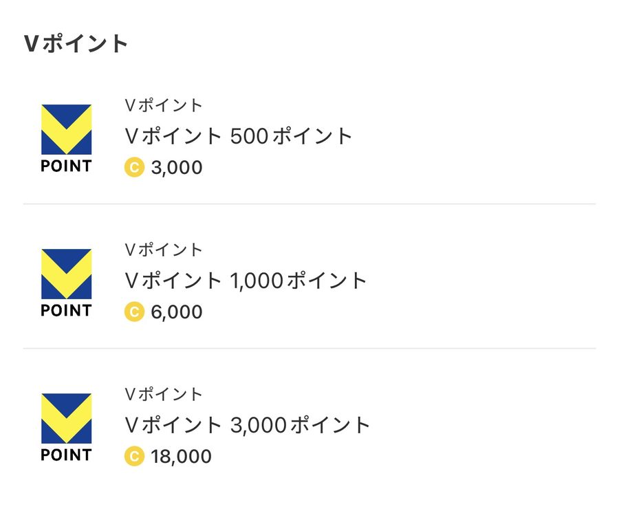 CashwalkのVポイント交換ページ。500ポイントは3,000コイン、1,000ポイントは6,000コイン、3,000ポイントは18,000コイン