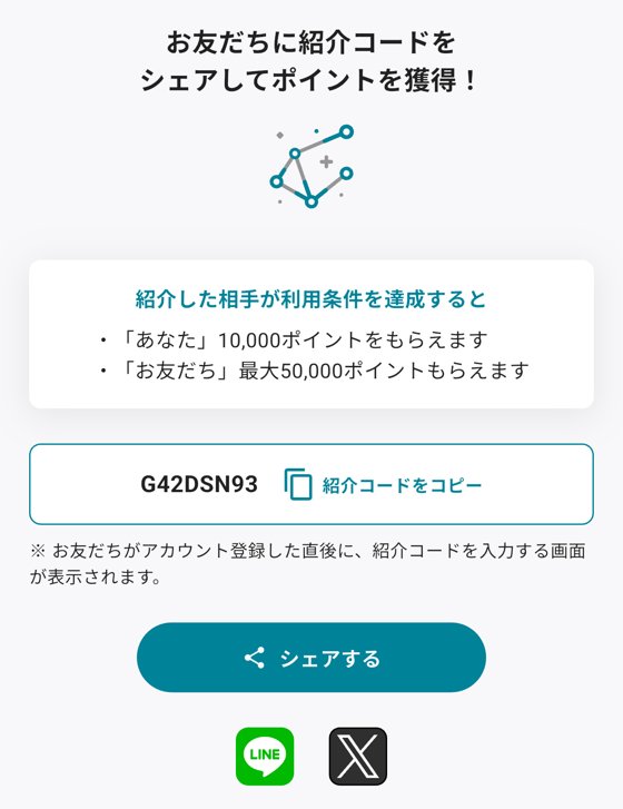 nomaの「お友だちに紹介」画面。紹介コードG42DSN93、あなたは10,000ポイント、お友だちは最大50,000ポイント