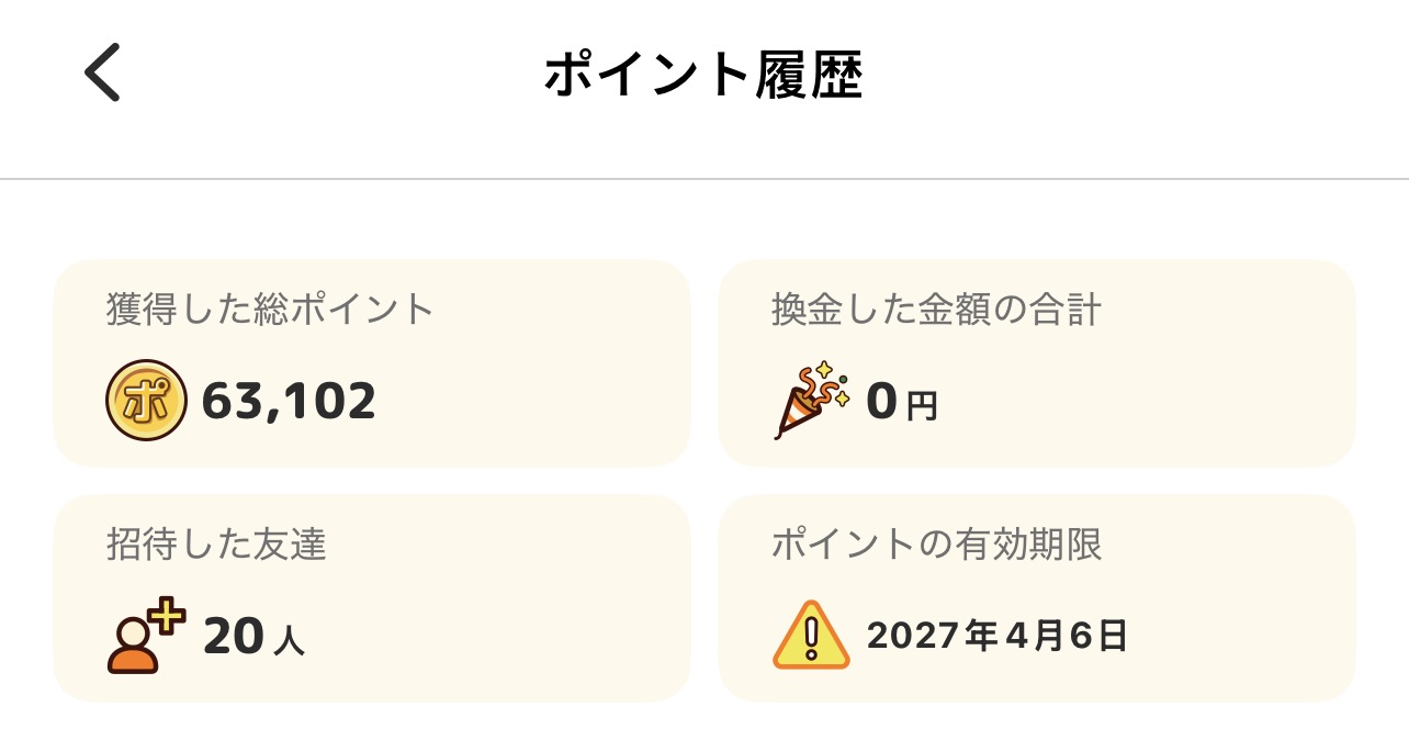 ンポポ ポイント履歴総計(63,102ポイント・20人招待)
